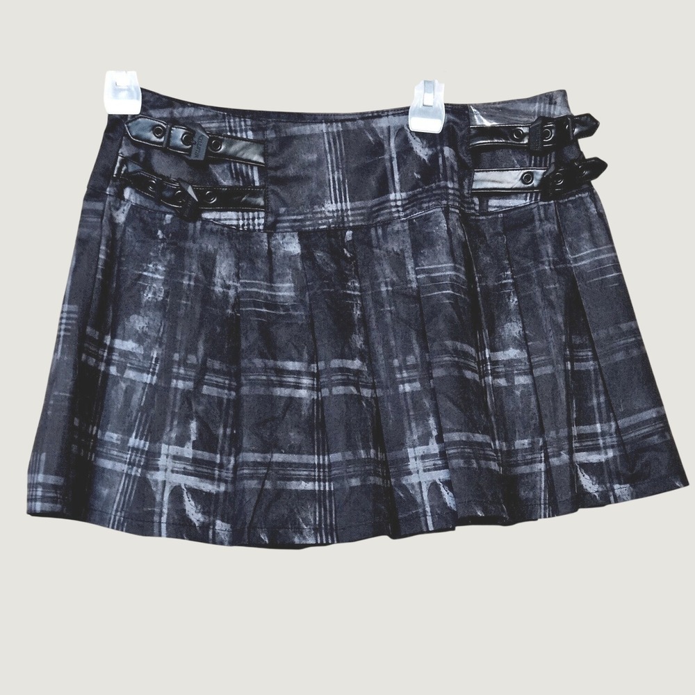 Killstar Plaid Mini Skirt Women L Grey Storm Cloud Tartan Pleated Buckle #741